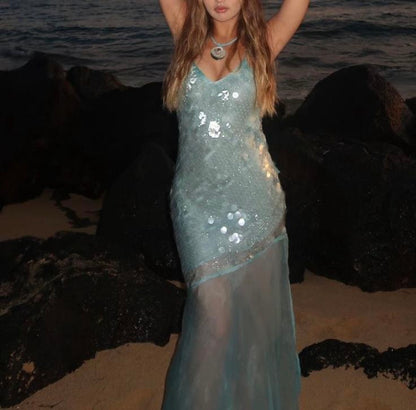 Superbe robe de bal sirène longue en mousseline de soie à bretelles spaghetti et paillettes C4730