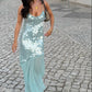 Superbe robe de bal sirène longue en mousseline de soie à bretelles spaghetti et paillettes C4730