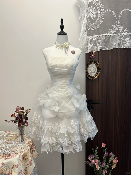 Princess A Line Strapless Satin Lace Beads Short Homecoming Dress 17th Birthday Outfits C4735