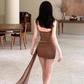 Unique Mermaid Spaghetti Straps Brown Chiffon Lace Short Homecoming Dress 17th Birthday Outfits C4744