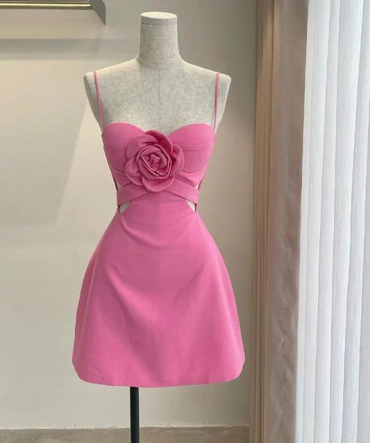 Pretty A Line Spaghetti Straps Satin Flower Short Homecoming Dress 18th Birthday Outfits C4751
