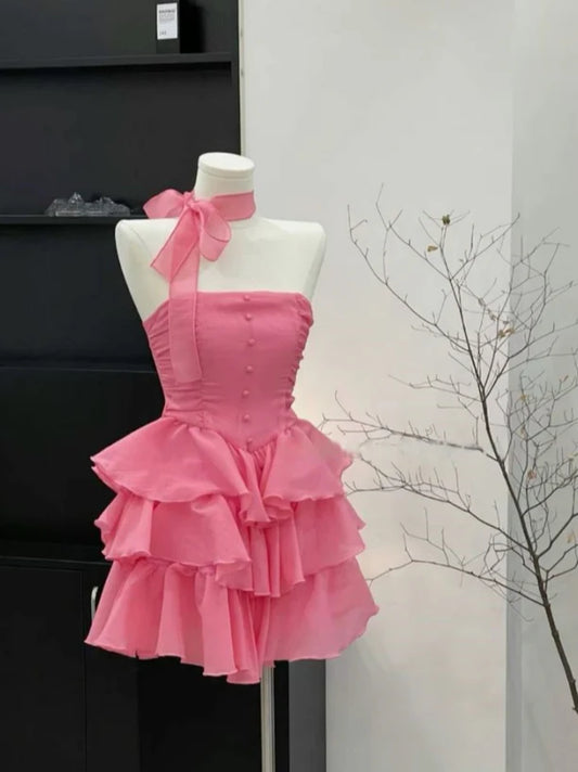 Pretty A Line Strapless Satin Tiered Short Homecoming Dress 16th Birthday Outfits C4755