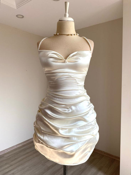 Mermaid Spaghetti Straps Satin Beads Pleated Short Homecoming Dress 19th Birthday Outfits C4756