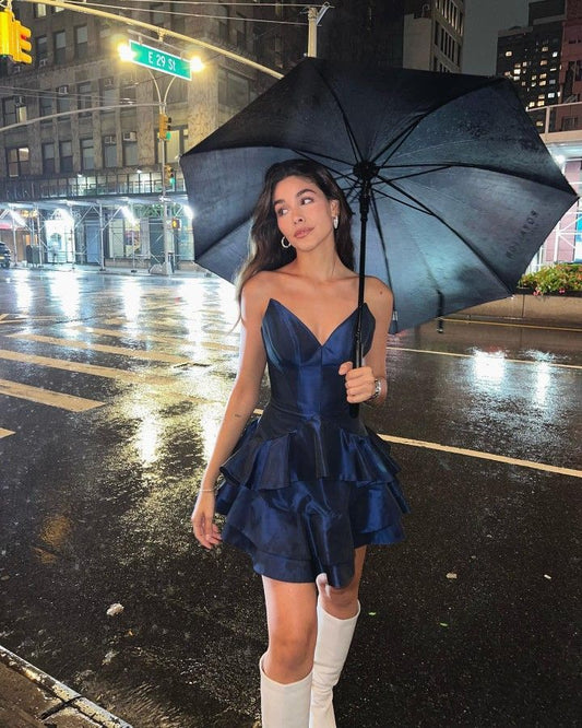 Classy A Line Strapless Navy Satin Short Homecoming Dress 19th Birthday Outfits C4766