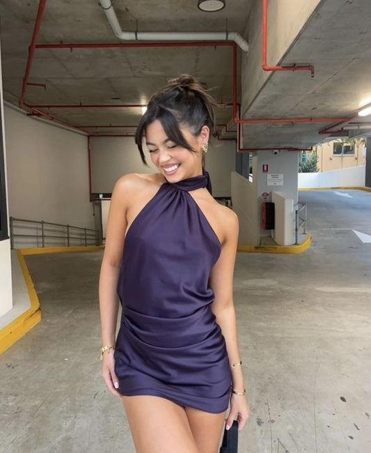 Purple Mermaid Halter Satin Short Homecoming Dress 19th Birthday Outfits C4767