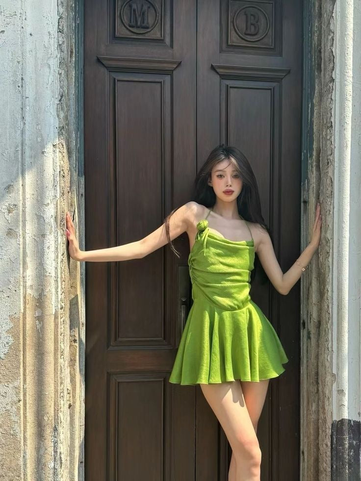 Cute A Line Halter Green Satin Short Homecoming Dress 16th Birthday Outfits C4773