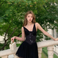 Classy A Line V Neck Black Satin Chiffon Short Homecoming Dress 20th Birthday Outfits C4779