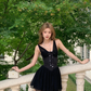 Classy A Line V Neck Black Satin Chiffon Short Homecoming Dress 20th Birthday Outfits C4779