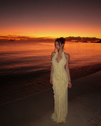 Robe de bal longue en mousseline de soie jaune pastel, jolie robe sirène dos nu, à volants, C4784