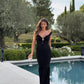 Robe de bal longue en satin noir, sexy, style sirène, épaules dénudées, C4785