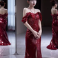 Robes de bal sexy sirène à épaules dénudées bordeaux à paillettes C47