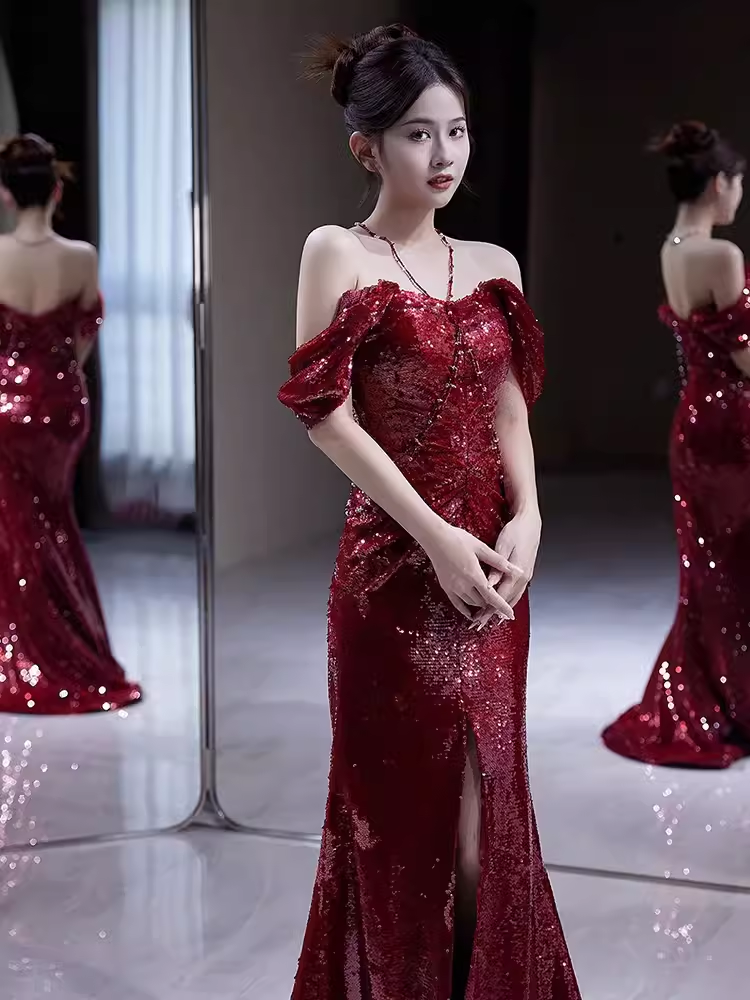 Robes de bal sexy sirène à épaules dénudées bordeaux à paillettes C47