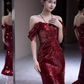 Robes de bal sexy sirène à épaules dénudées bordeaux à paillettes C47