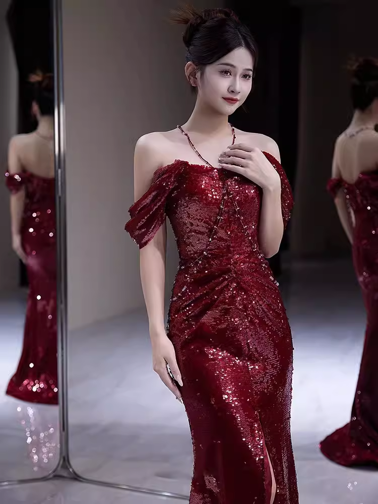 Robes de bal sexy sirène à épaules dénudées bordeaux à paillettes C47