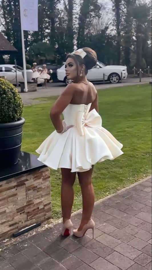 Jolie robe trapèze bustier en satin avec nœud, courte, tenue de soirée pour 18e anniversaire, C4802