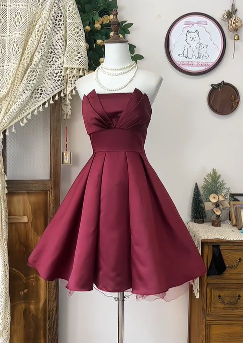 Robe de soirée courte en satin bordeaux, coupe trapèze, sans bretelles, tenue pour 19e anniversaire, C4807