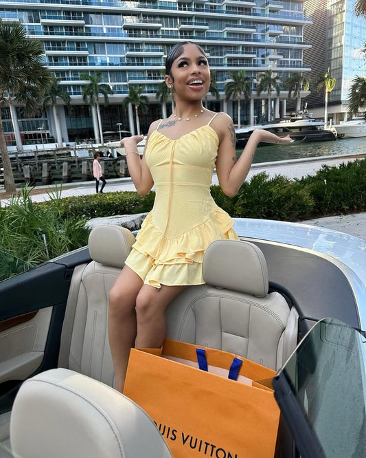 Robe courte en satin jaune pastel à bretelles spaghetti, coupe trapèze, tenue de soirée pour 19e anniversaire, C4809