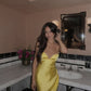 Simple Yellow Mermaid Spaghetti Straps Satin Long Prom Dresses Formal Dress C4826