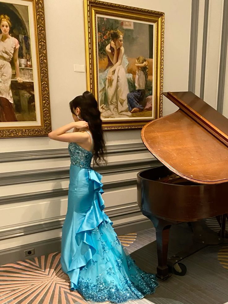 Unique Mermaid Sapghetti Straps Blue Satin Tulle Sequin Long Prom Dresses Formal Dress C4830