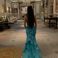 Unique Mermaid Sapghetti Straps Blue Satin Tulle Sequin Long Prom Dresses Formal Dress C4830