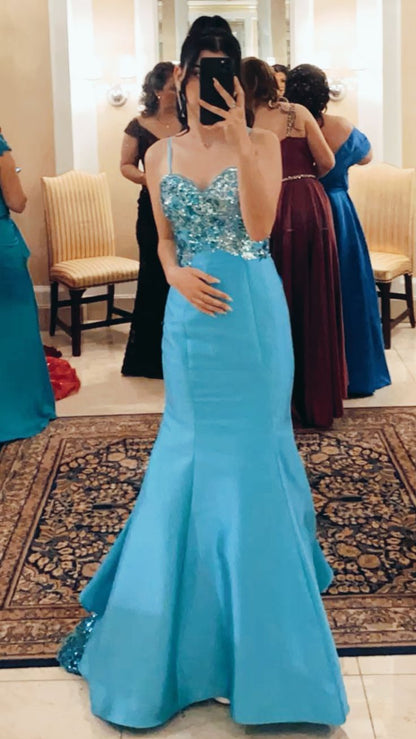 Unique Mermaid Sapghetti Straps Blue Satin Tulle Sequin Long Prom Dresses Formal Dress C4830