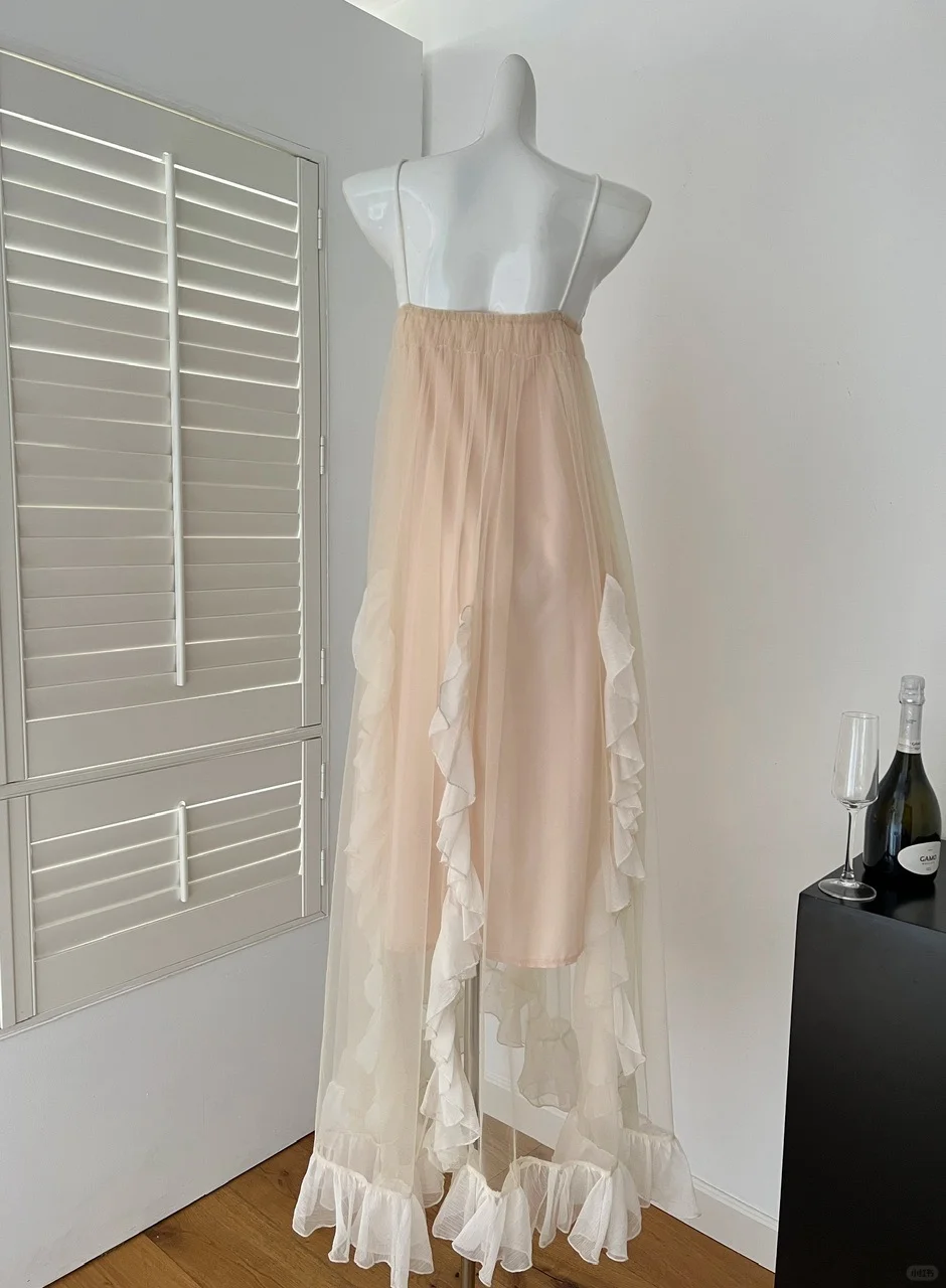 Princess A Line Spaghetti Straps Chiffon Tulle Ruffles Long Prom Dresses Formal Dress C4838