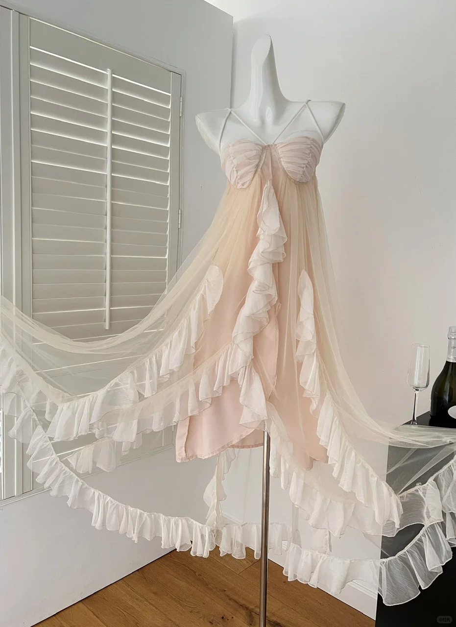 Princess A Line Spaghetti Straps Chiffon Tulle Ruffles Long Prom Dresses Formal Dress C4838