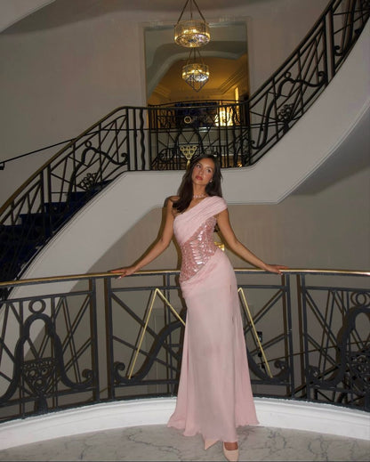Unique Pink Mermaid One Shoulder Chiffon Sequin Slit Long Prom Dresses Formal Dress C4840