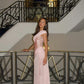 Unique Pink Mermaid One Shoulder Chiffon Sequin Slit Long Prom Dresses Formal Dress C4840