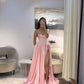 Pretty A Line Strapless Pink Satin Beads With Slit Long Prom Dresses Formal Dress C4843