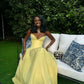 Robe de bal longue en satin jaune, élégante, coupe trapèze, sans bretelles, C4845