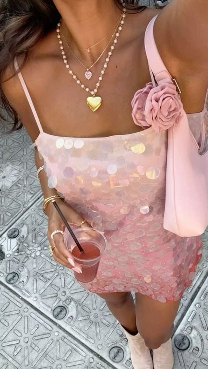 Robe de soirée courte à paillettes et bretelles spaghetti, coupe trapèze brillante, tenue pour 18e anniversaire, C4851