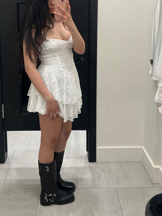 Sweet 17th White A Line Spaghetti Straps Satin Lace Short Homecoming Dress Birthday Outfits C4857
