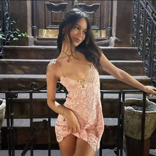 Pink A Line Spaghetti Straps Lace Short Homecoming Dress 20th Birthday Outfits C4867