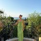 Charmante robe de bal sirène longue en satin vert à col licou C4873