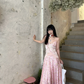 Robe de bal longue vintage en satin et dentelle, coupe trapèze, bretelles spaghetti, C4877