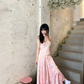 Robe de bal longue vintage en satin et dentelle, coupe trapèze, bretelles spaghetti, C4877