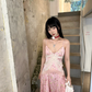 Robe de bal longue vintage en satin et dentelle, coupe trapèze, bretelles spaghetti, C4877