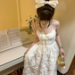 Robe de bal longue princesse trapèze à bretelles spaghetti en dentelle C4878