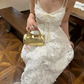 Robe de bal longue princesse trapèze à bretelles spaghetti en dentelle C4878