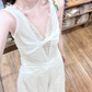 Robe de bal longue en satin et dentelle, élégante, coupe trapèze, col en V, C4879