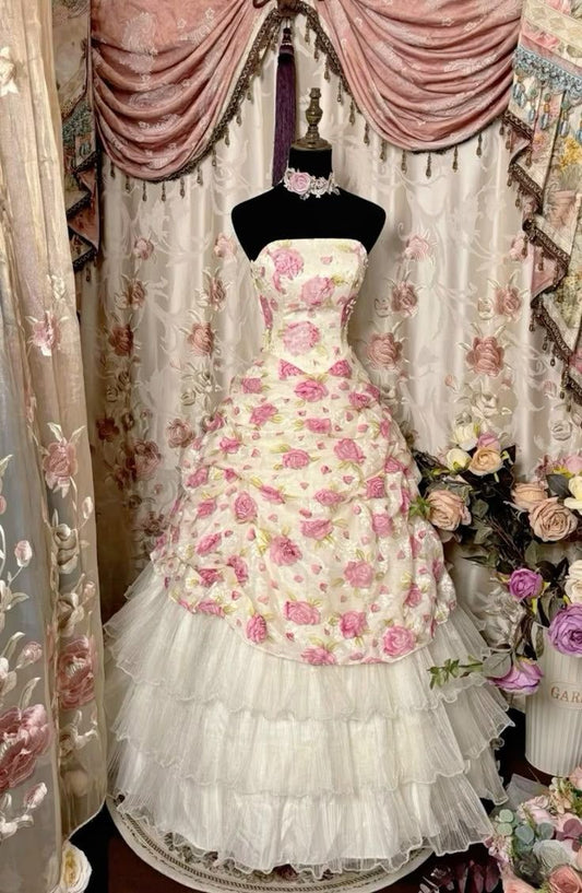 Robe de bal de rêve bustier en satin et tulle fleuri, longue robe de soirée formelle C4888