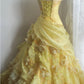 Robe de bal jaune bustier en satin et mousseline de soie, longue robe de soirée à fleurs, C4889