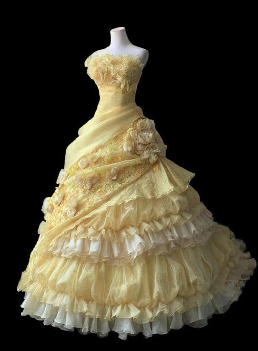 Robe de bal jaune bustier en satin et mousseline de soie, longue robe de soirée à fleurs, C4889