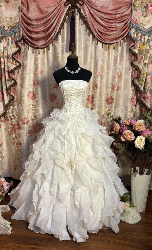 Robe de bal longue en satin et mousseline de soie, sans bretelles, à volants, robe de soirée formelle, C4890