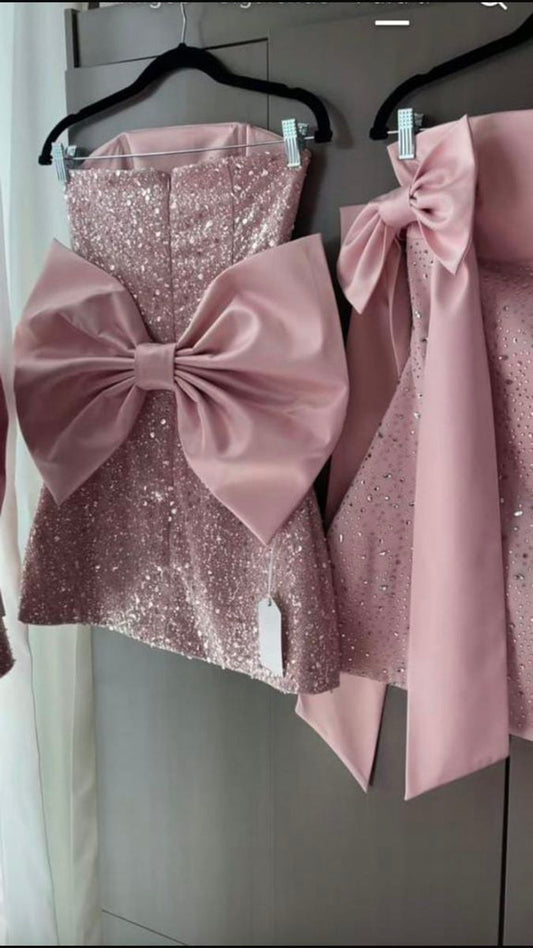 Sparkly A Line Strapless Pink Satin Sequin Backless With Bow Short Homecoming Dress 19th Birthday Outfits C4893