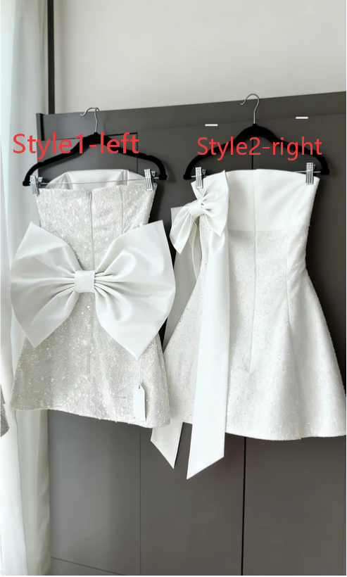 Sparkly A Line Strapless Satin Sequin Backless With Bow Short Homecoming Dress 19th Birthday Outfits C4893