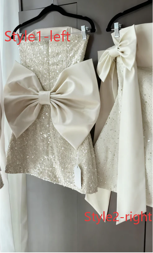 Sparkly A Line Strapless Satin Sequin Backless With Bow Short Homecoming Dress 19th Birthday Outfits C4893