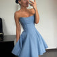 Elegant A Line Strapless Blue Satin Short Homecoming Dress 21th Birthday Outfits C4900