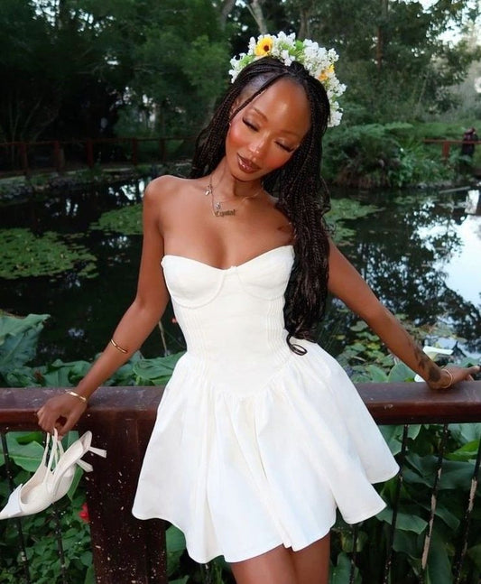 Simple White A Line Strapless Satin Short Homecoming Dress 20th Birthday Outfits C4903